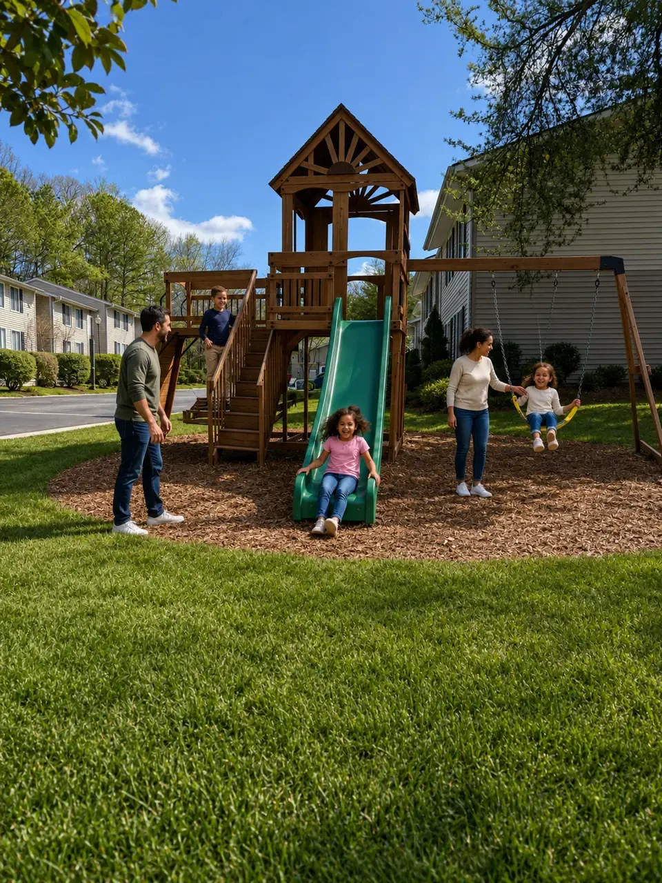 Family at the wooden play set on the lawn
